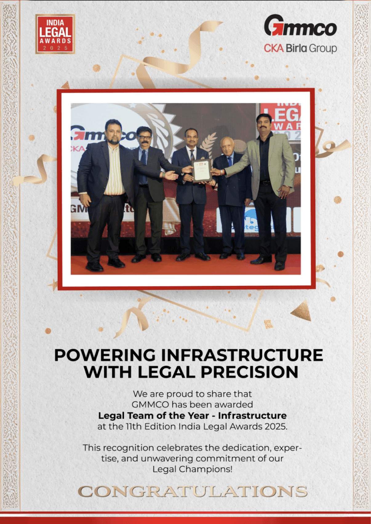 Legal Team of Year - Infrastructure at the 11th Edition India Legal Award 2025