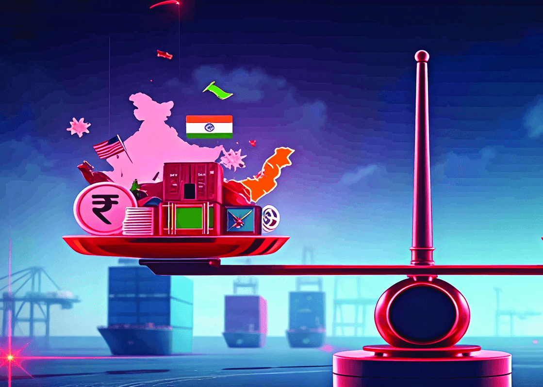 Illustration of Indian construction equipment trade balanced against global tariff pressure